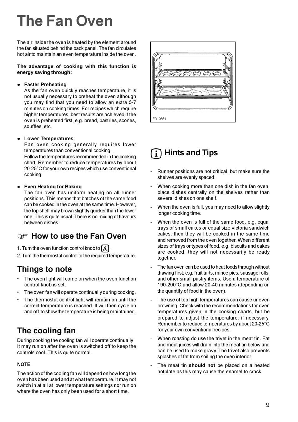 The fan oven, How to use the fan oven, The cooling fan | Hints and tips | Zanussi ZBF 865 User Manual | Page 9 / 24