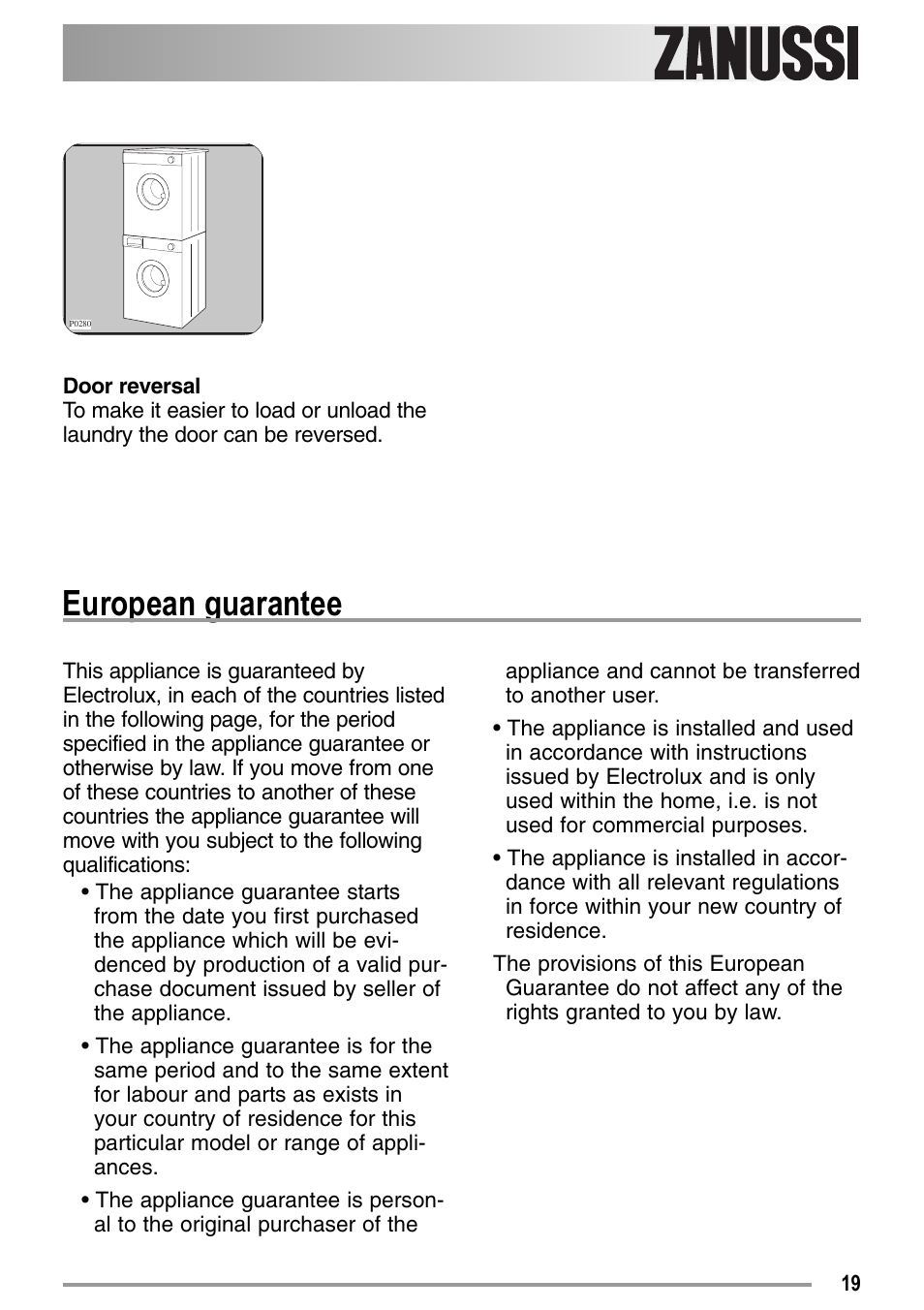 European guarantee | Zanussi U33109 ZDE 26000 W User Manual | Page 19 / 24