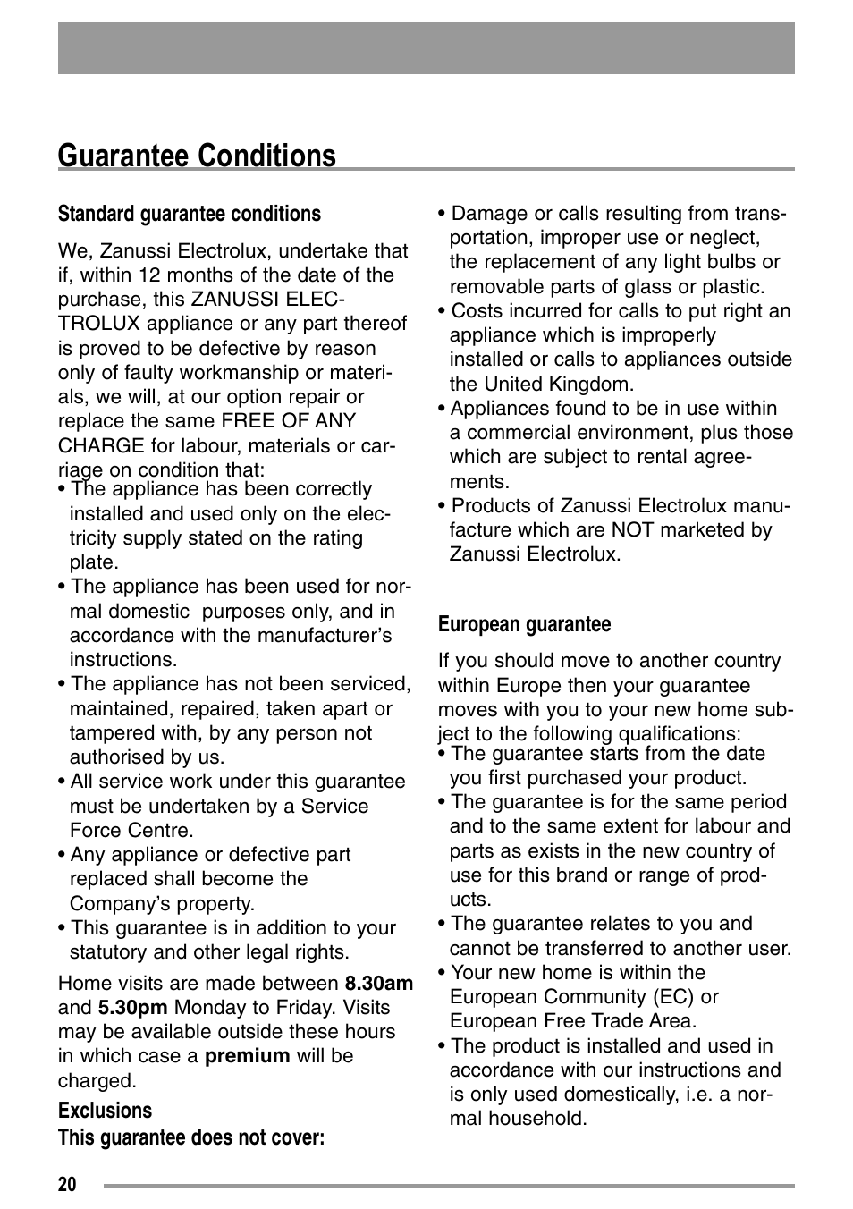 Guarantee conditions | Zanussi U33109 ZDE 26000 W User Manual | Page 20 / 24