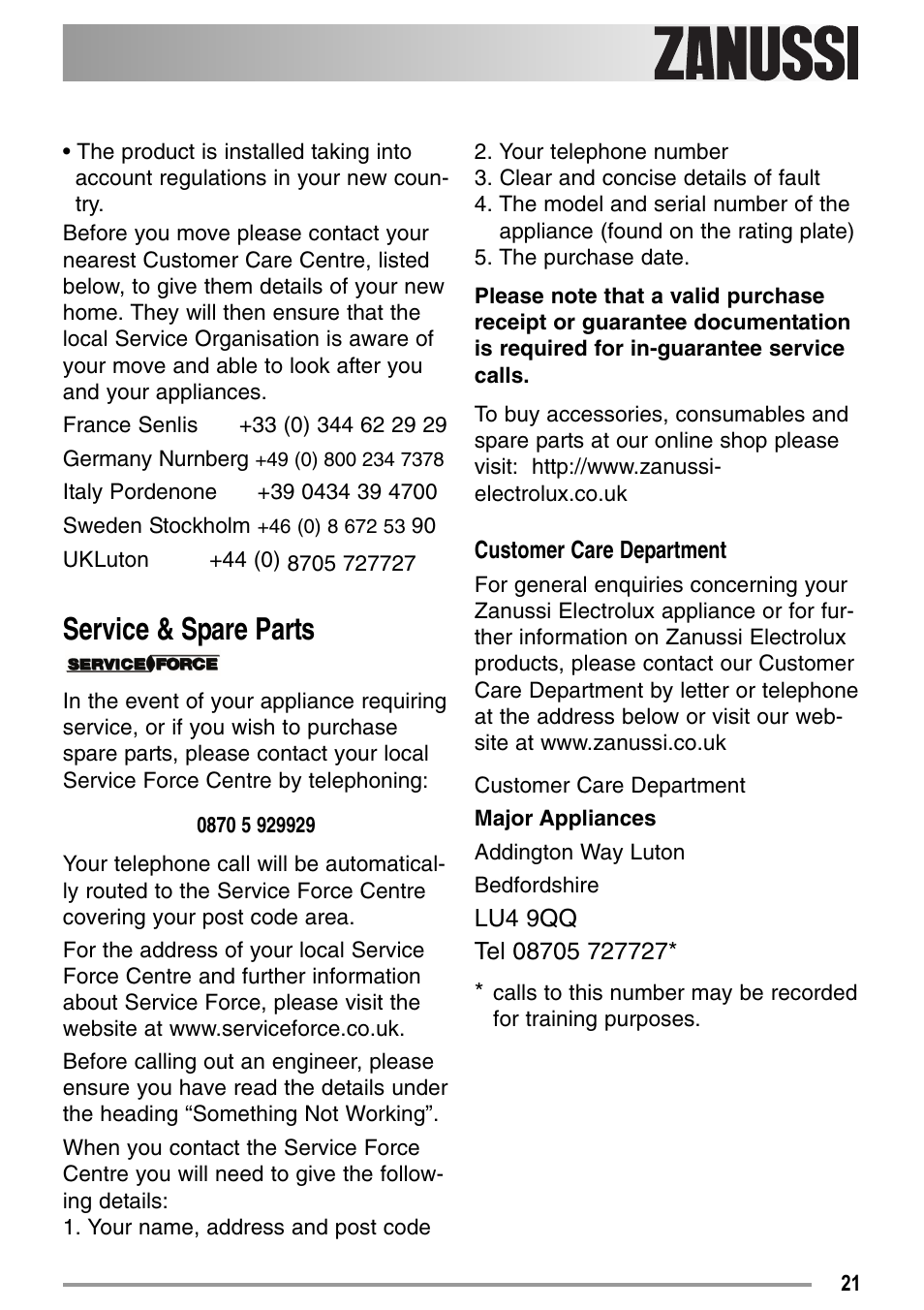 Service & spare parts | Zanussi U33109 ZDE 26000 W User Manual | Page 21 / 24