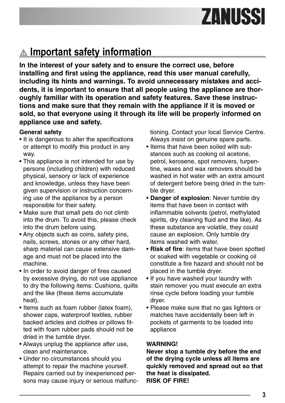 Important safety information | Zanussi U33109 ZDE 26000 W User Manual | Page 3 / 24