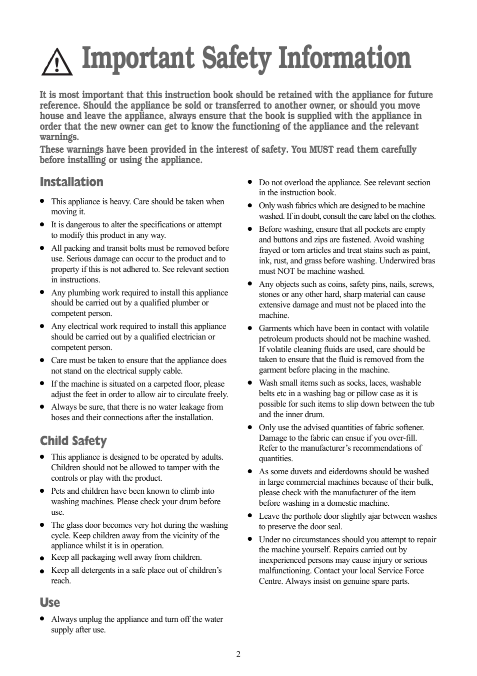 Important safety information, Installation, Child safety | Zanussi ZWF 1311 W User Manual | Page 2 / 28