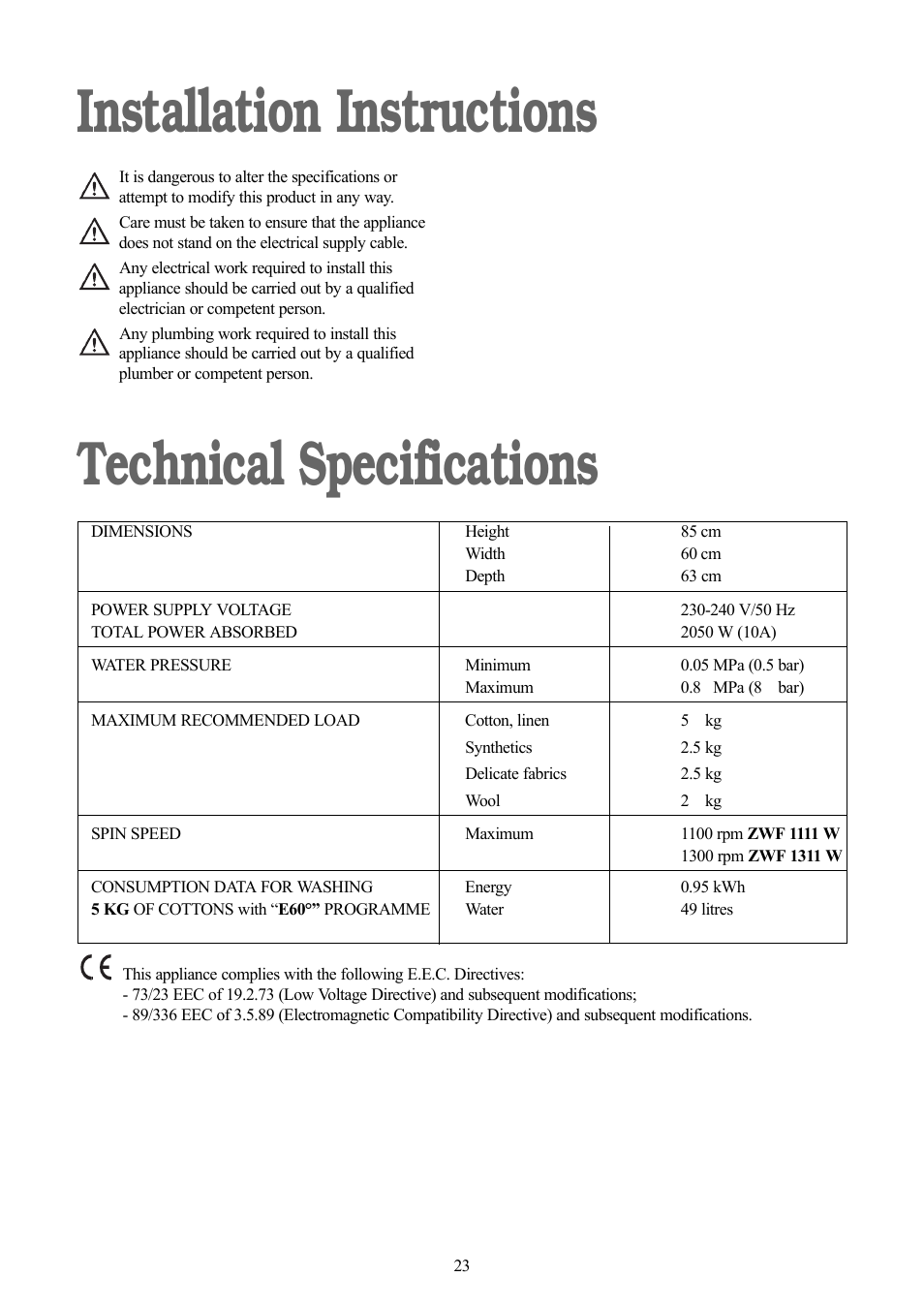 Installation instructions technical specifications | Zanussi ZWF 1311 W User Manual | Page 23 / 28