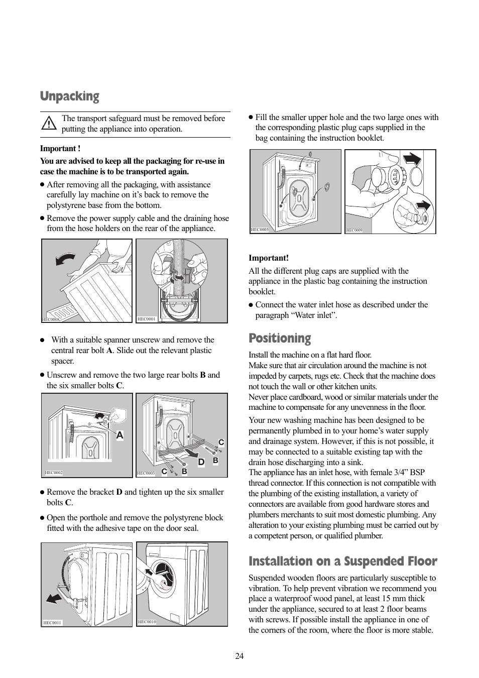 Unpacking, Positioning, Installation on a suspended floor | Zanussi ZWF 1311 W User Manual | Page 24 / 28