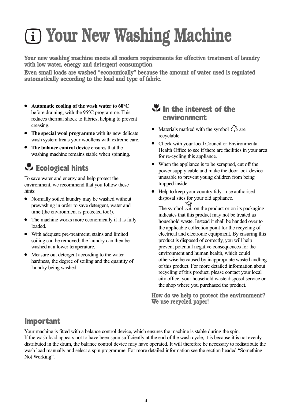Your new washing machine, Ecological hints, Important | Zanussi ZWF 1311 W User Manual | Page 4 / 28