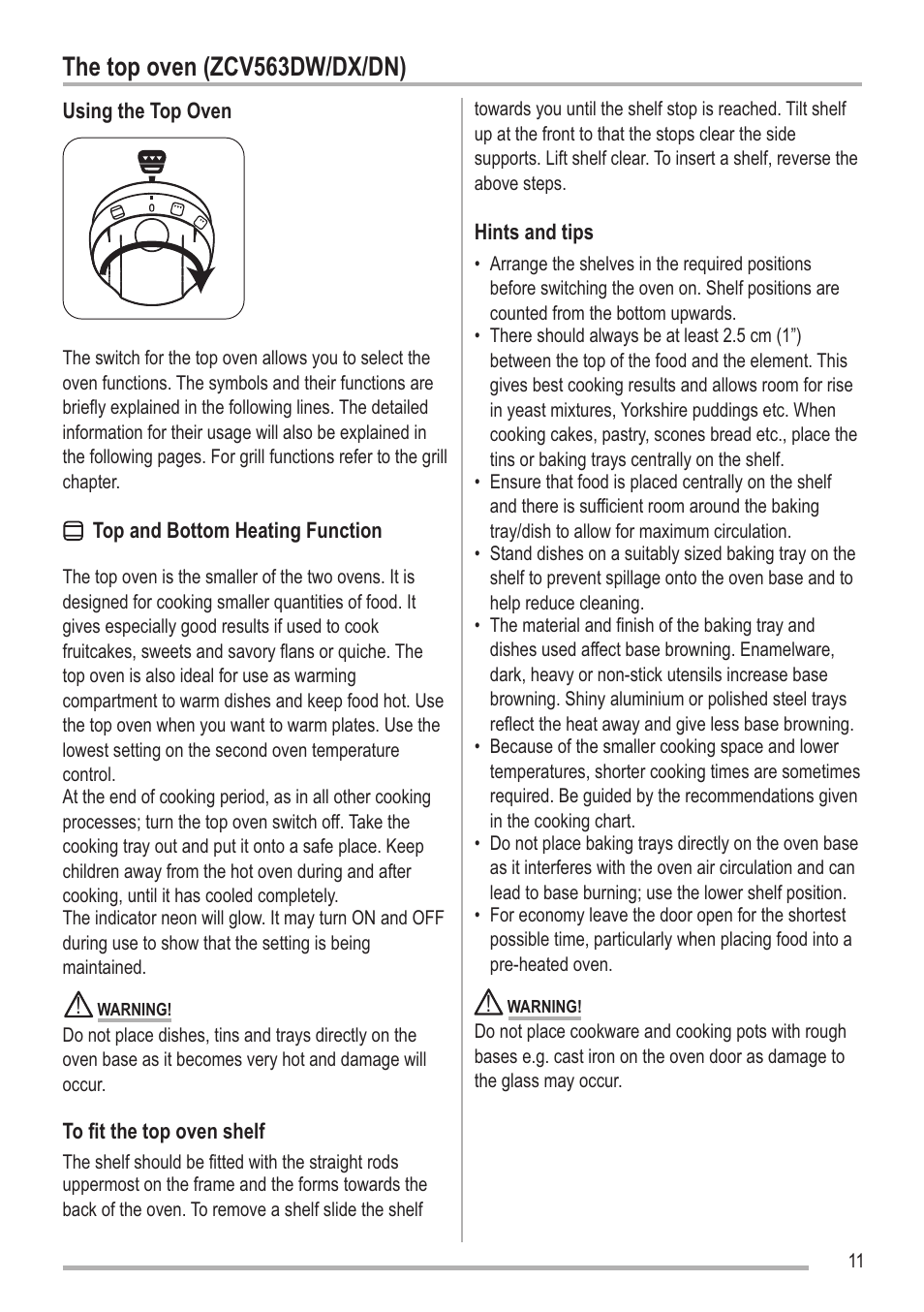 Sayfa11, The top oven (zcv563dw/dx/dn) | Zanussi SOUNDPOINT SIP 3.0.2 User Manual | Page 11 / 28
