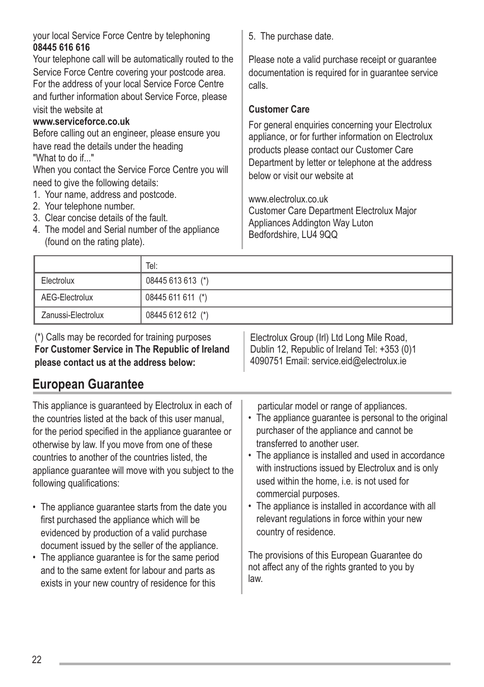 Sayfa22, European guarantee | Zanussi SOUNDPOINT SIP 3.0.2 User Manual | Page 22 / 28