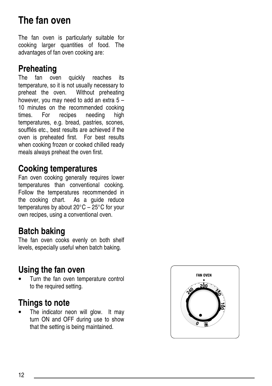 The fan oven, Preheating, Cooking temperatures | Batch baking, Using the fan oven | Zanussi ZCE5200 User Manual | Page 12 / 28