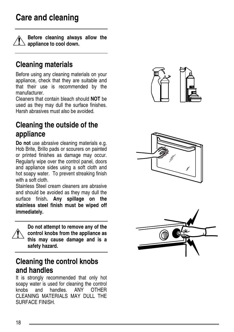 Care and cleaning, Cleaning materials, Cleaning the outside of the appliance | Cleaning the control knobs and handles | Zanussi ZCE5200 User Manual | Page 18 / 28