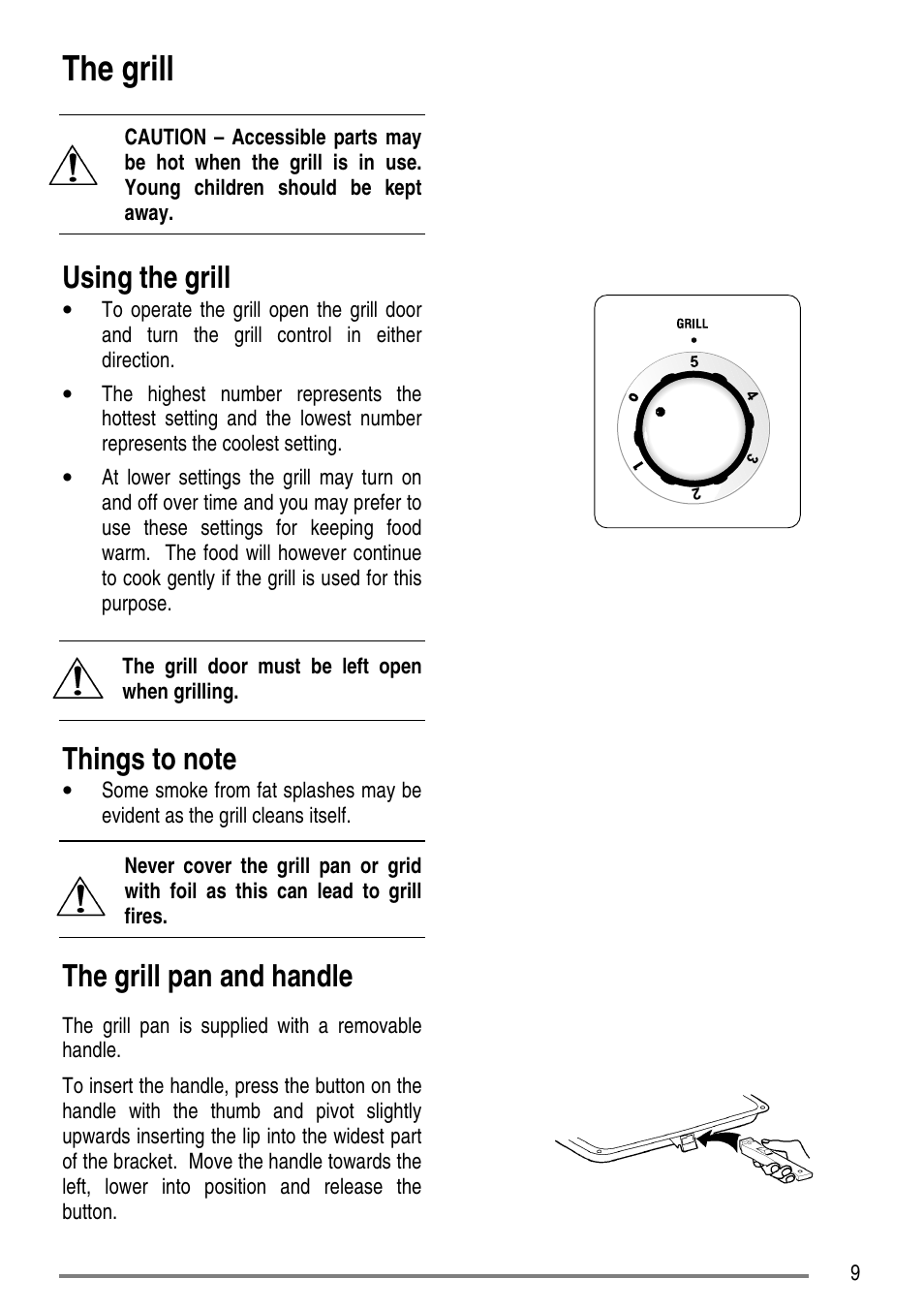 The grill, Using the grill, The grill pan and handle | Zanussi ZCE5200 User Manual | Page 9 / 28