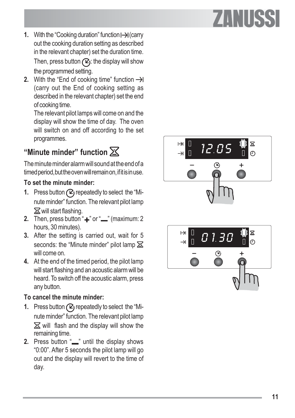 Minute minder” function | Zanussi ZOB 330 User Manual | Page 11 / 28