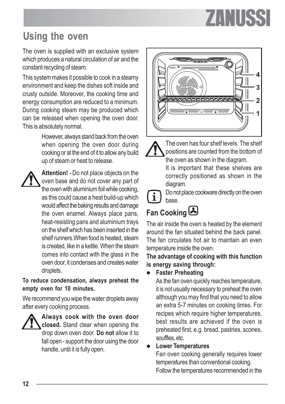 Using the oven, Fan cooking | Zanussi ZOB 330 User Manual | Page 12 / 28