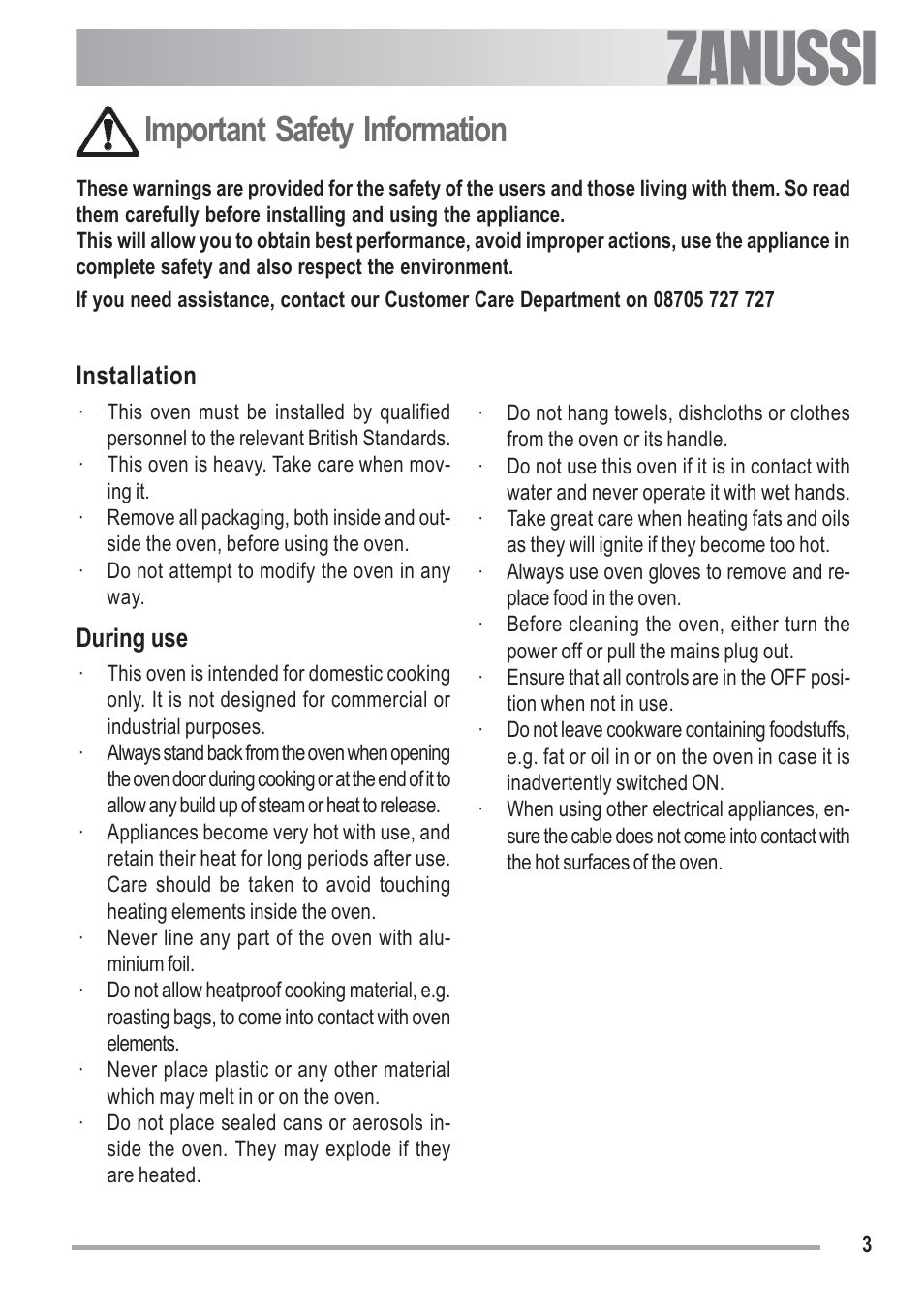 Important safety information, Installation, During use | Zanussi ZOB 330 User Manual | Page 3 / 28