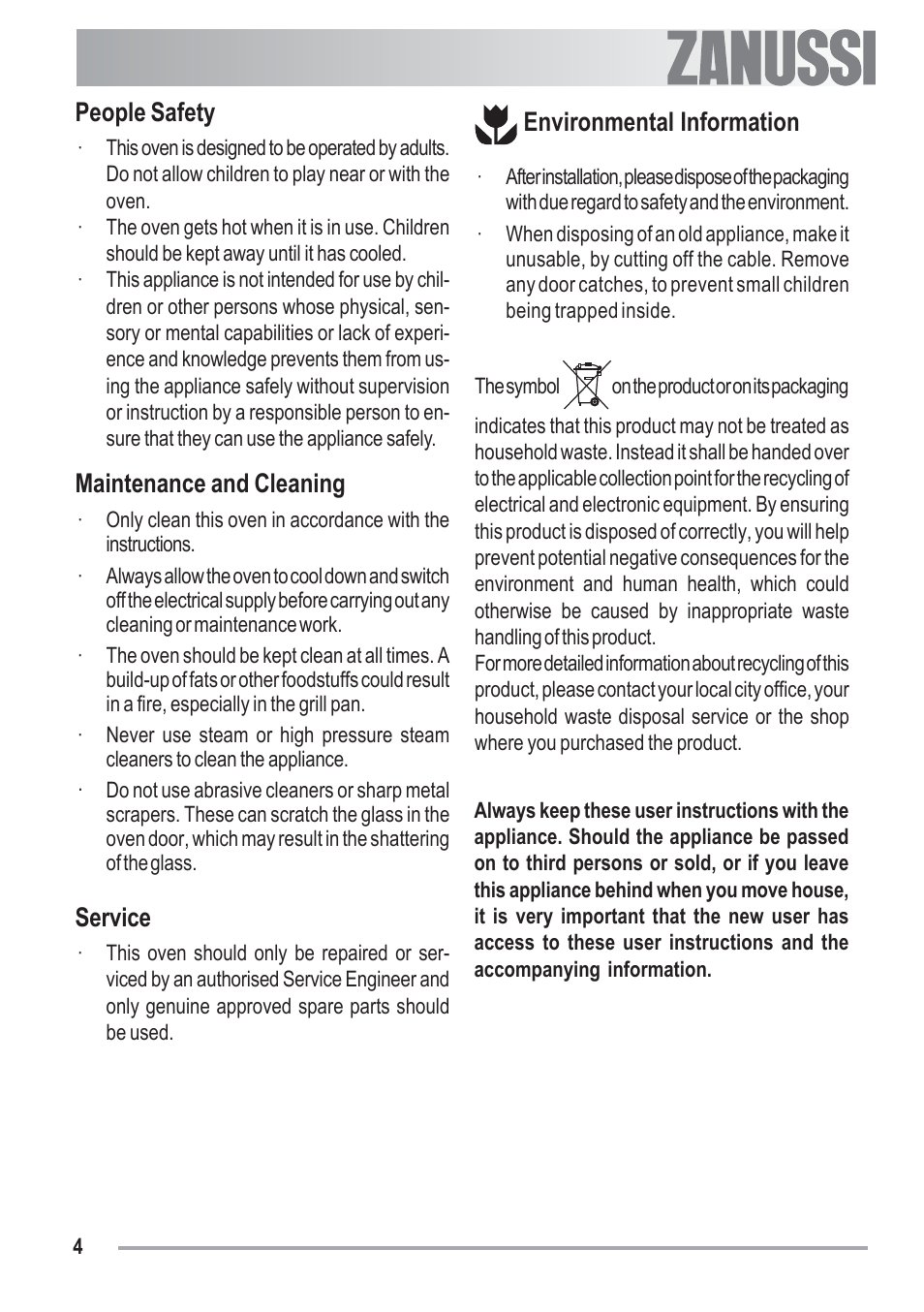 People safety, Maintenance and cleaning, Service | Environmental information | Zanussi ZOB 330 User Manual | Page 4 / 28