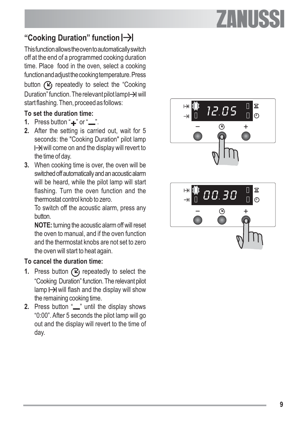 Cooking duration” function | Zanussi ZOB 330 User Manual | Page 9 / 28