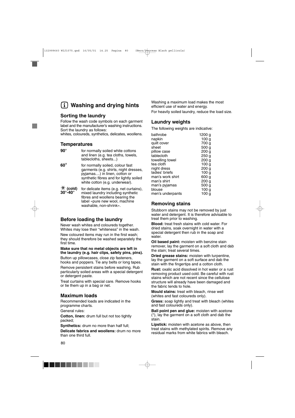 Washing and drying hints | Zanussi WIJ1075 User Manual | Page 12 / 23