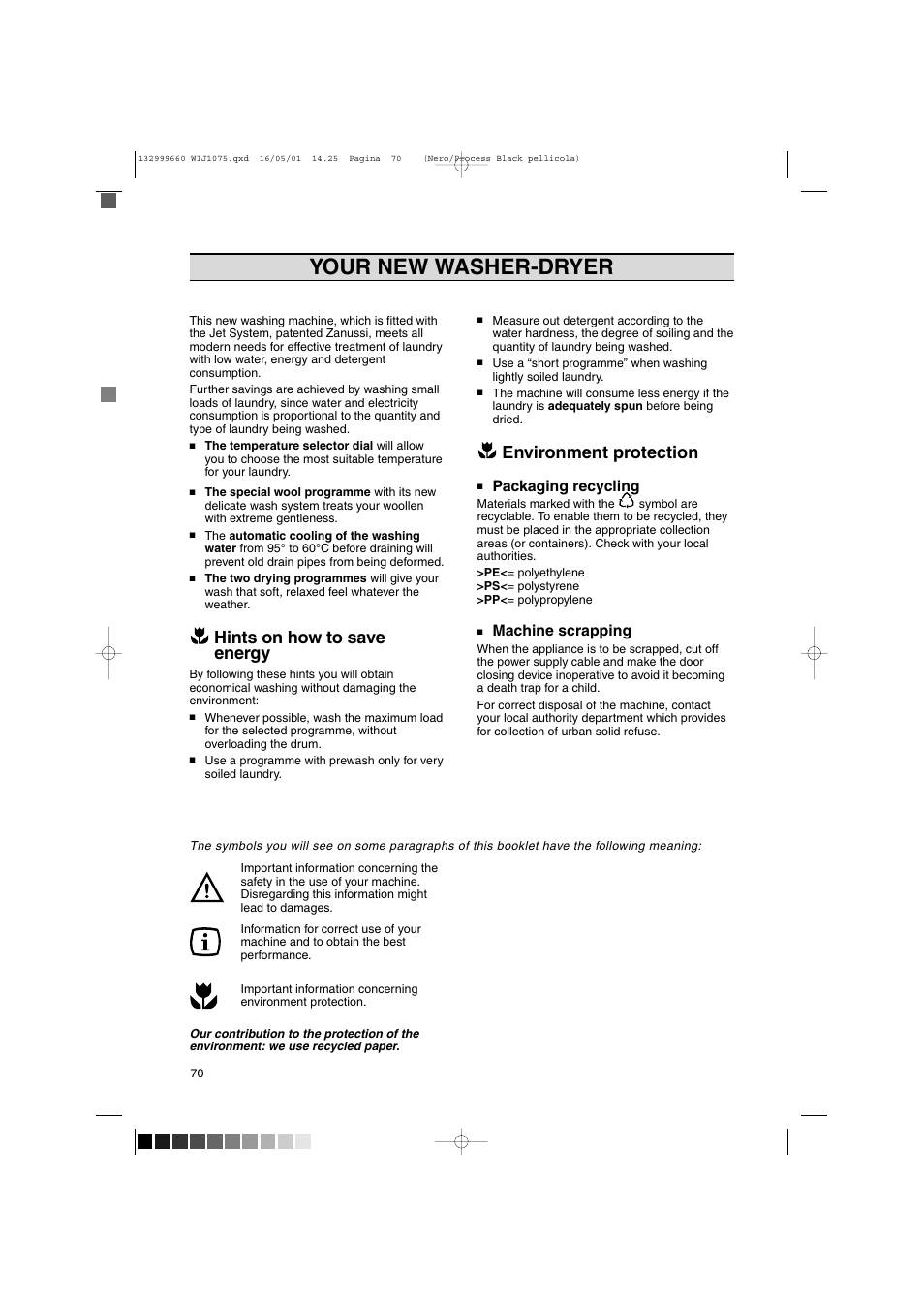 Your new washer-dryer, Hints on how to save energy, Environment protection | Packaging recycling, Machine scrapping | Zanussi WIJ1075 User Manual | Page 2 / 23