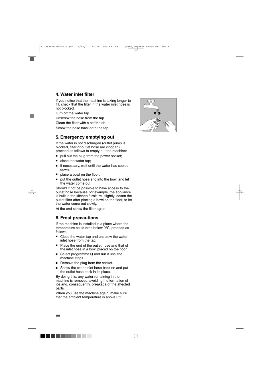 Water inlet filter, Emergency emptying out, Frost precautions | Zanussi WIJ1075 User Manual | Page 20 / 23