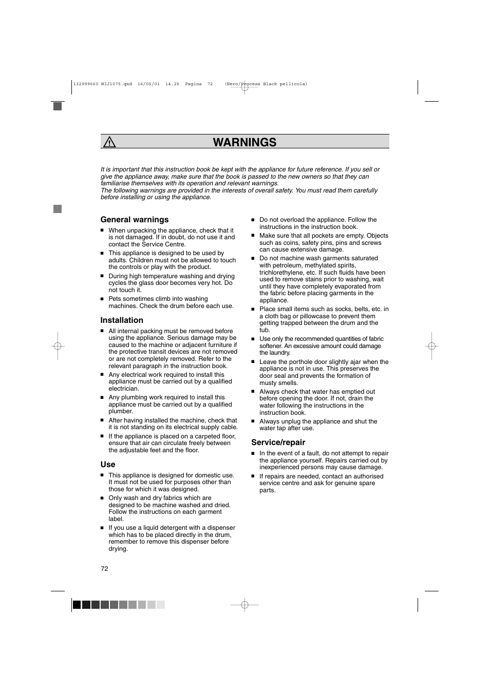 Warnings, General warnings, Installation | Service/repair | Zanussi WIJ1075 User Manual | Page 4 / 23