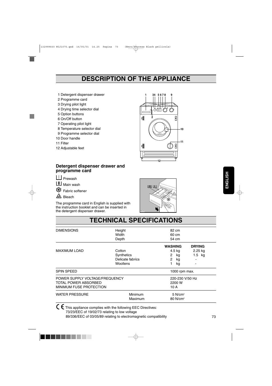 Description of the appliance, Technical specifications | Zanussi WIJ1075 User Manual | Page 5 / 23