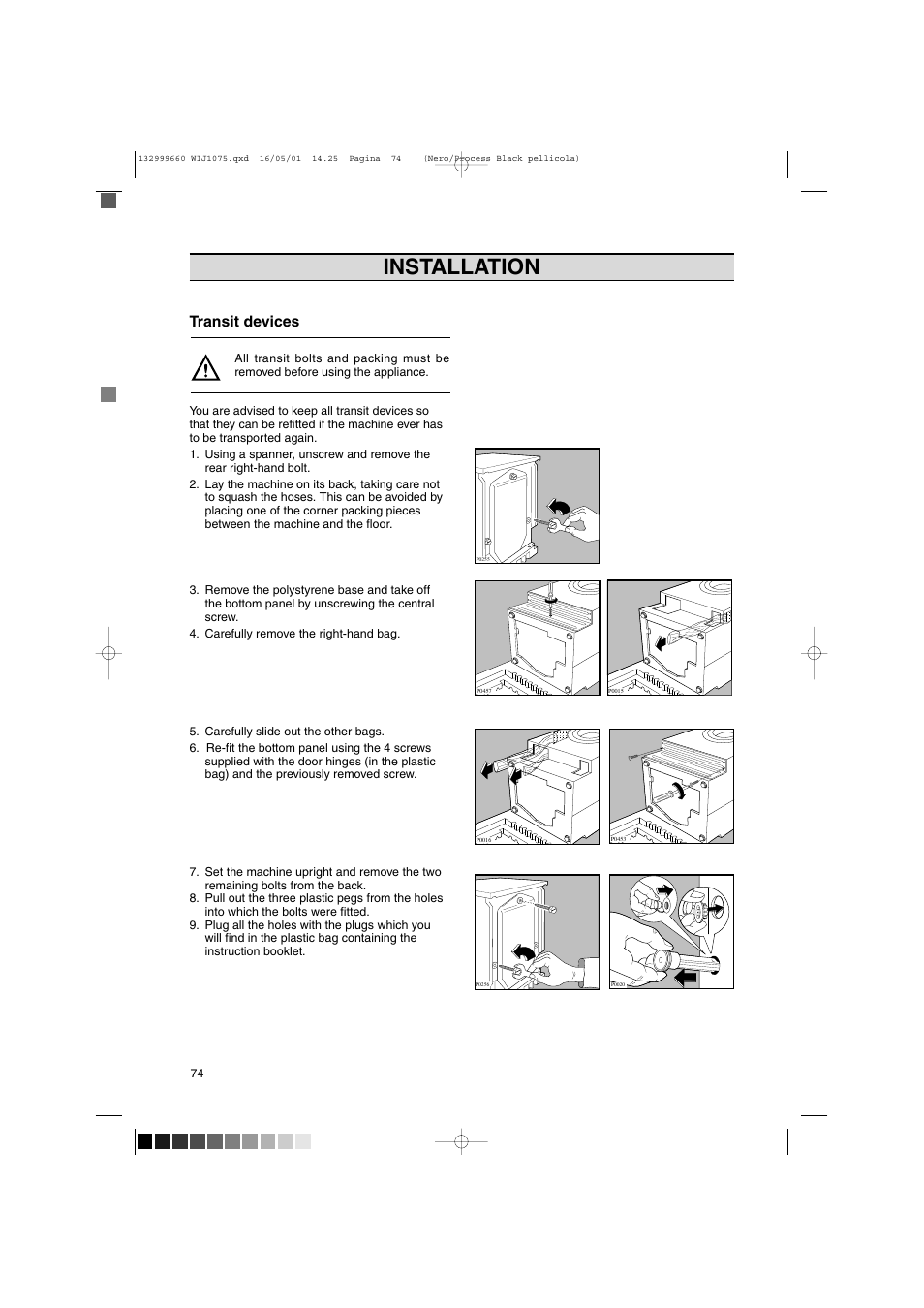 Installation, Transit devices | Zanussi WIJ1075 User Manual | Page 6 / 23