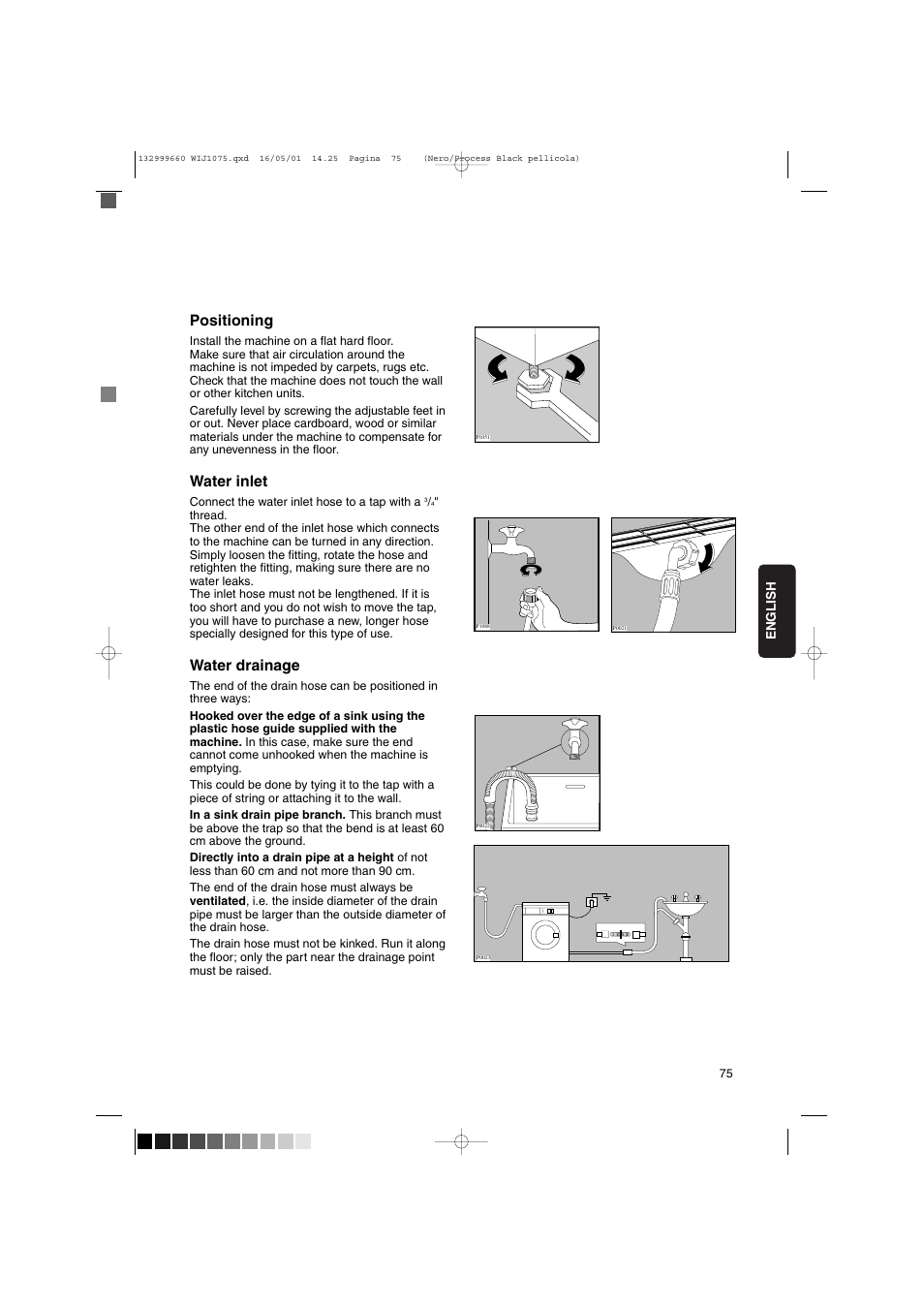 Positioning, Water inlet, Water drainage | Zanussi WIJ1075 User Manual | Page 7 / 23