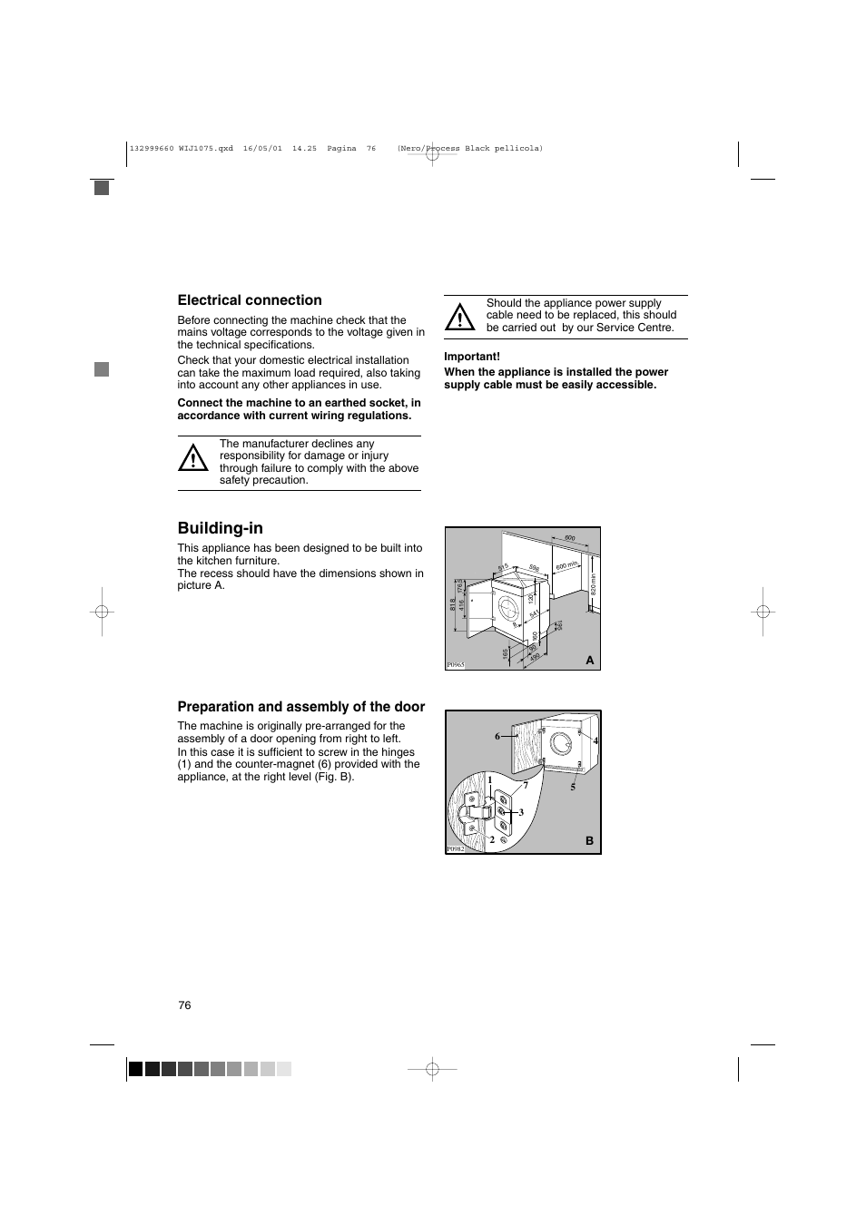 Building-in, Electrical connection, Preparation and assembly of the door | Zanussi WIJ1075 User Manual | Page 8 / 23