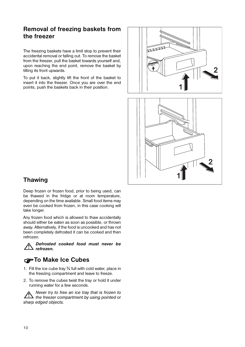 Thawing, Removal of freezing baskets from the freezer | Zanussi ZNB 344 S User Manual | Page 10 / 24