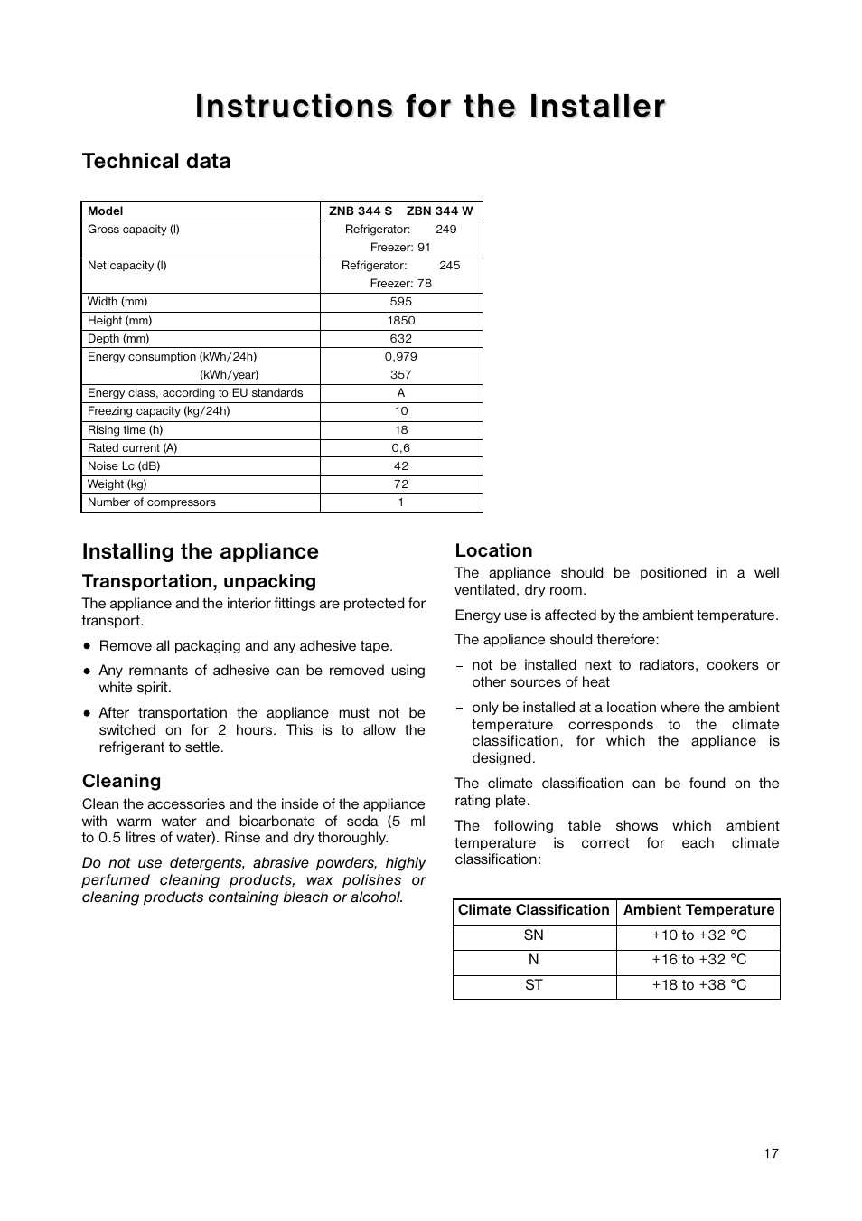 Technical data, Installing the appliance | Zanussi ZNB 344 S User Manual | Page 17 / 24