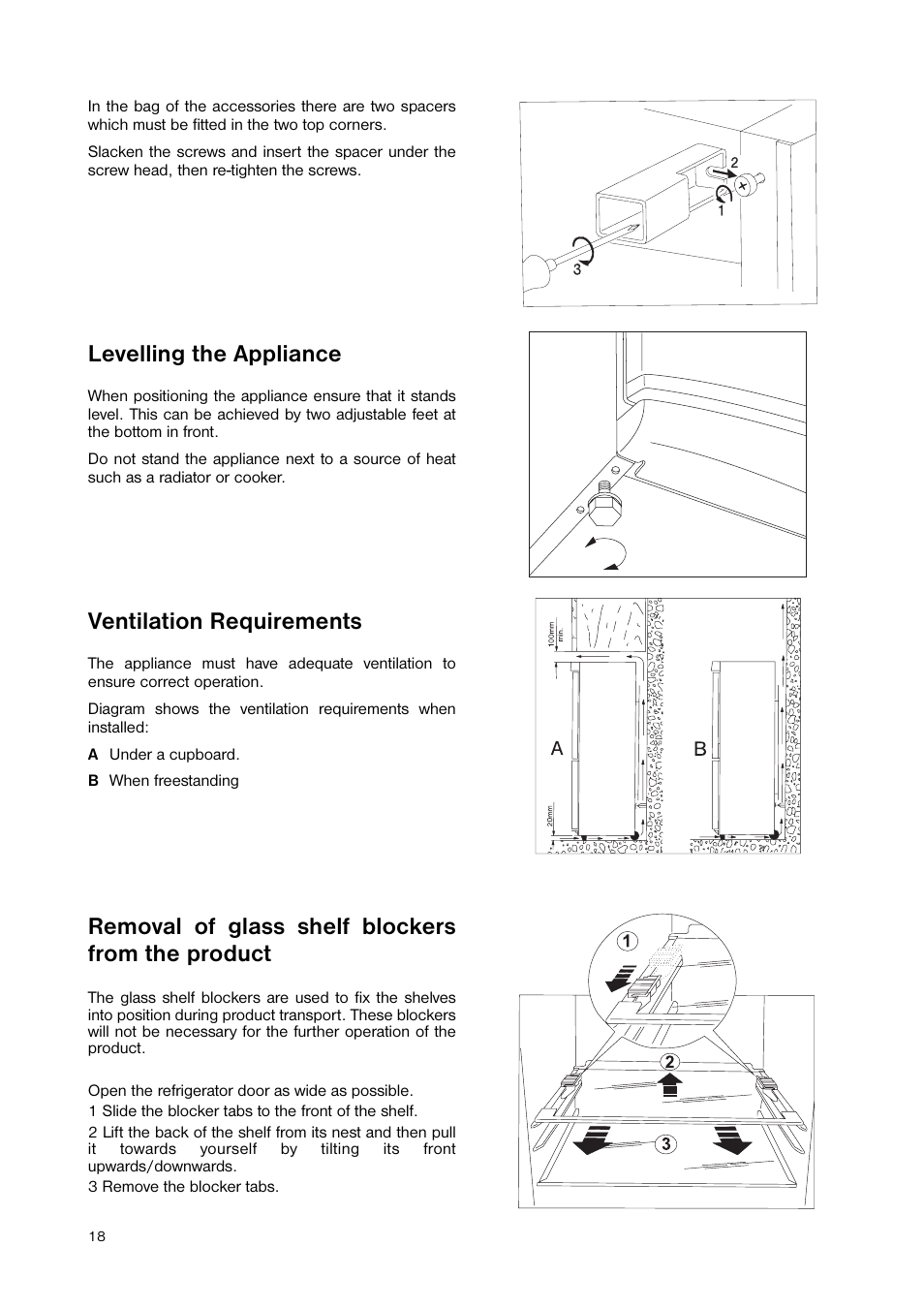 Levelling the appliance, Ventilation requirements, Removal of glass shelf blockers from the product | Zanussi ZNB 344 S User Manual | Page 18 / 24