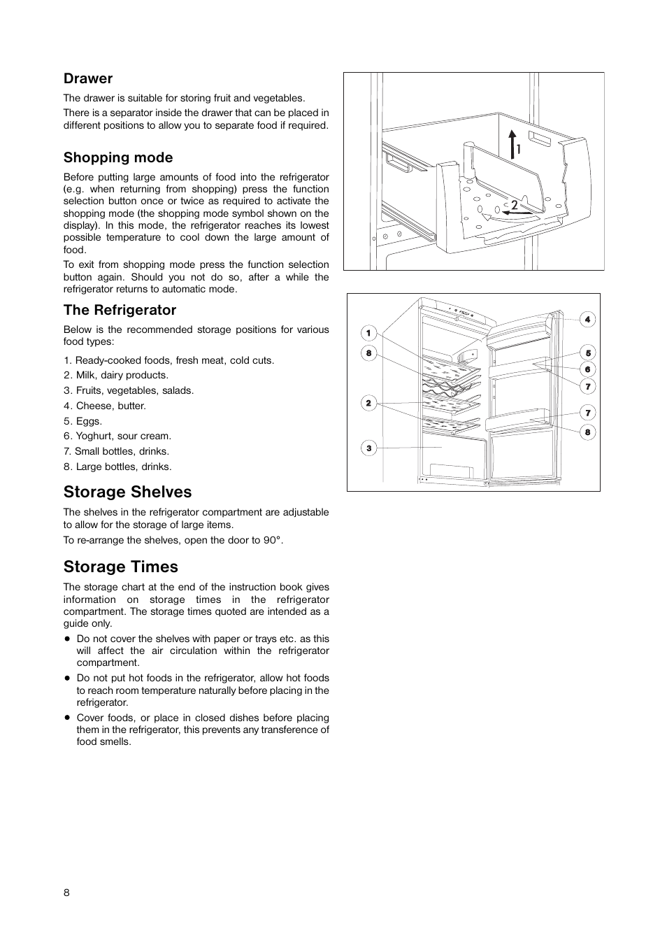 Storage shelves, Storage times, The refrigerator | Drawer, Shopping mode | Zanussi ZNB 344 S User Manual | Page 8 / 24