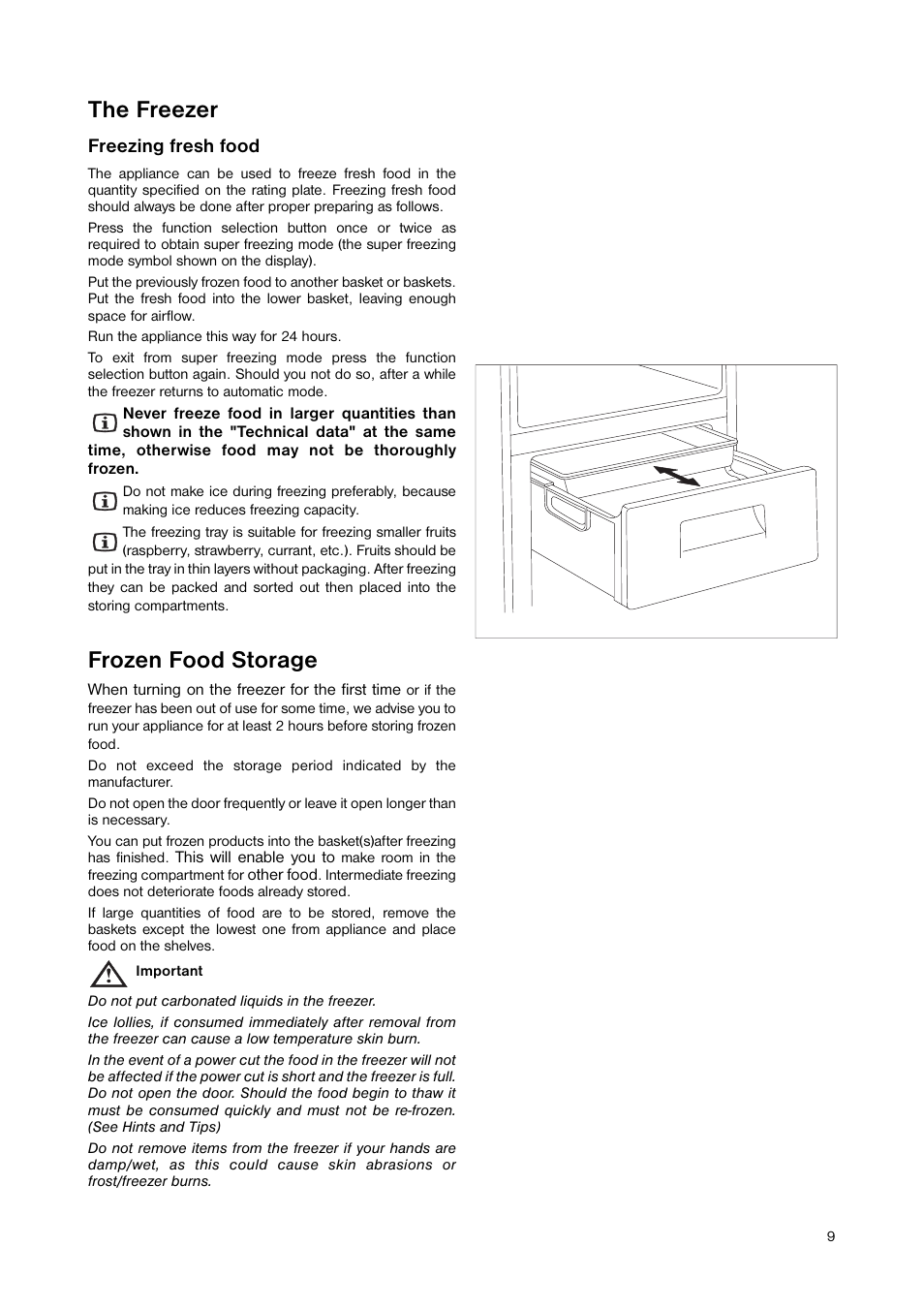 The freezer, Frozen food storage, Freezing fresh food | Zanussi ZNB 344 S User Manual | Page 9 / 24