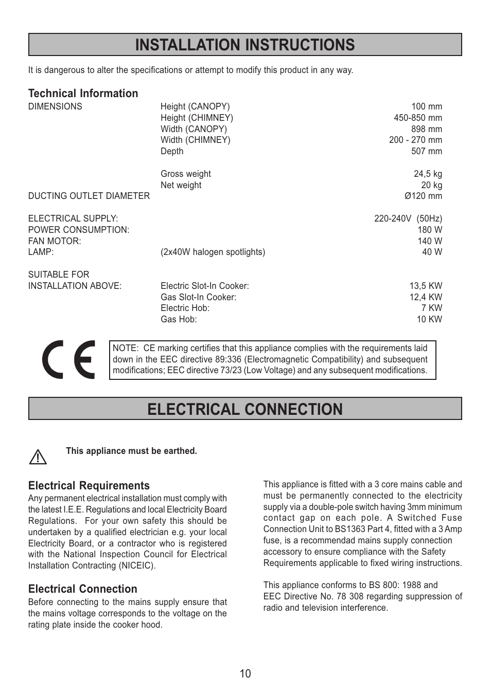 Installation instructions, Electrical connection | Zanussi ZHC 95 ALU User Manual | Page 10 / 20