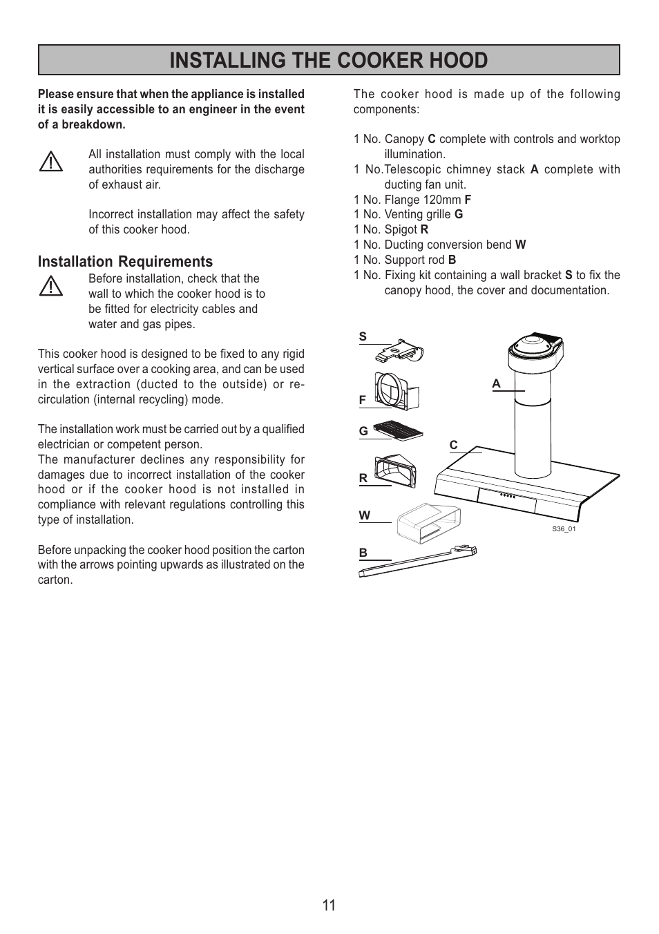 Installing the cooker hood, Installation requirements | Zanussi ZHC 95 ALU User Manual | Page 11 / 20