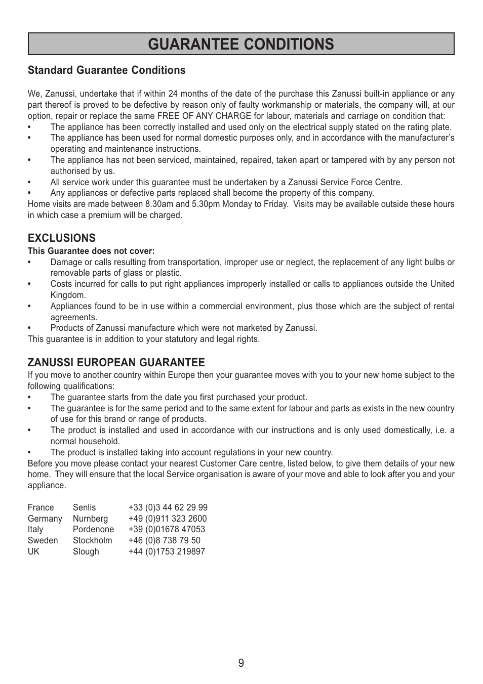 Guarantee conditions | Zanussi ZHC 95 ALU User Manual | Page 9 / 20