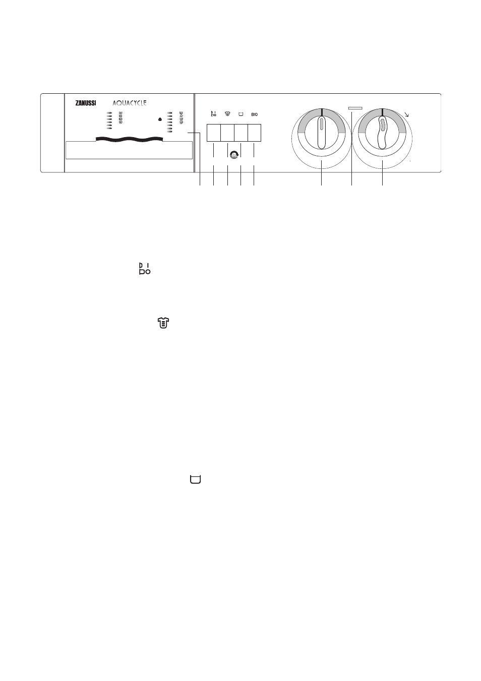 The control panel, 1 programme guide 2 on/off button, 3 heavy soil button | 4 rinse hold plus button, 5 bio button, 6 spin speed selector dial, 7 mains-on light, 8 programme selector dial | Zanussi FLS 1383 W User Manual | Page 6 / 27