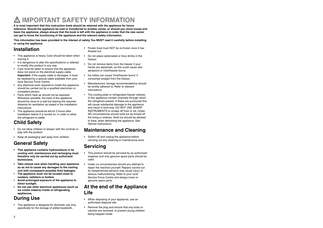 Important safety information, Installation, Child safety | General safety, During use, Maintenance and cleaning, Servicing, At the end of the appliance life | Zanussi ZEUC 2120 User Manual | Page 2 / 16