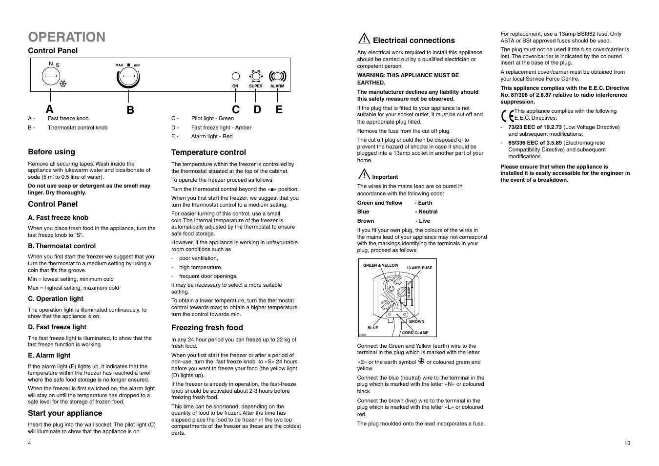 Operation, Ca b d e | Zanussi ZEUC 2120 User Manual | Page 4 / 16