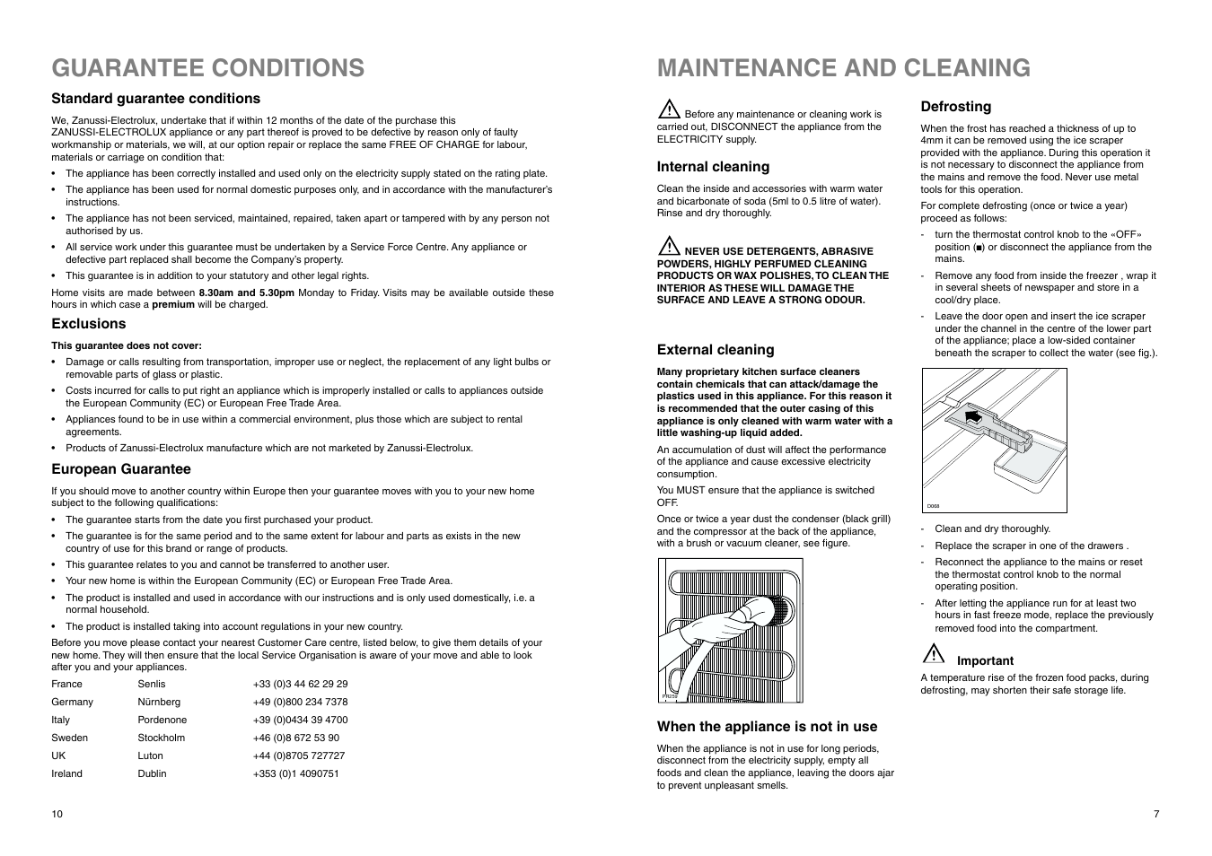 Maintenance and cleaning, Guarantee conditions | Zanussi ZEUC 2120 User Manual | Page 7 / 16