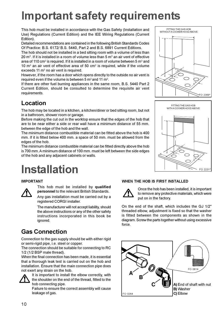 Important safety requirements, Installation, Location | Gas connection | Zanussi ZGG 642 ZGG 752 User Manual | Page 10 / 16