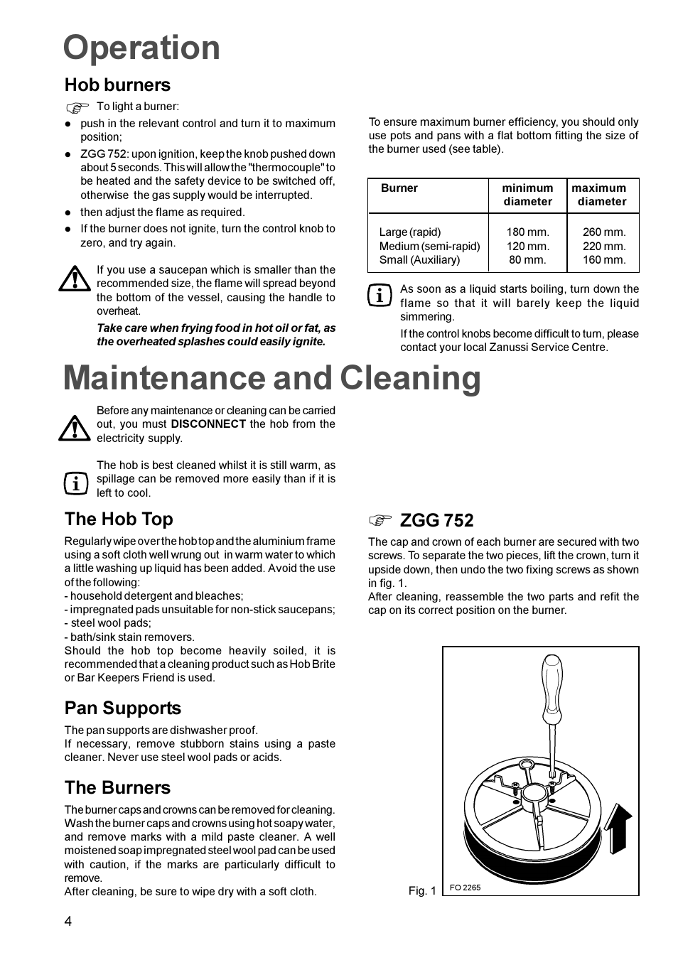 Operation, Maintenance and cleaning, Hob burners | The hob top, Pan supports, The burners, Zgg 752 | Zanussi ZGG 642 ZGG 752 User Manual | Page 4 / 16