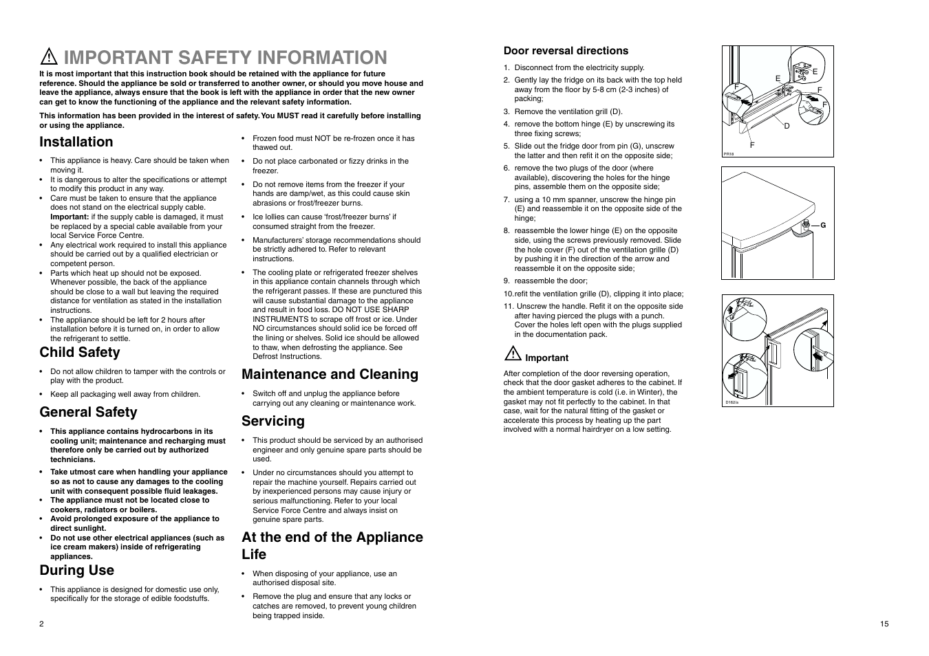 Important safety information, Installation, Child safety | General safety, During use, Maintenance and cleaning, Servicing, At the end of the appliance life | Zanussi ZEF 226 User Manual | Page 15 / 16