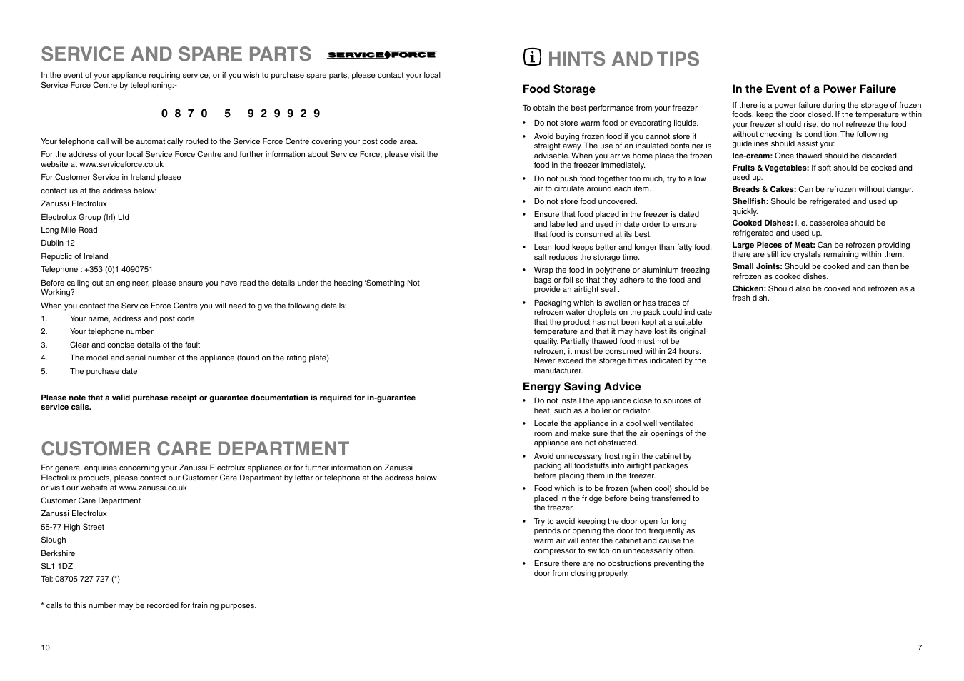 Hints and tips, Service and spare parts customer care department | Zanussi ZEF 226 User Manual | Page 7 / 16