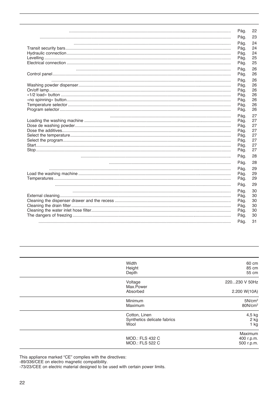 Contents technical specifications | Zanussi FLS 522 C User Manual | Page 2 / 12