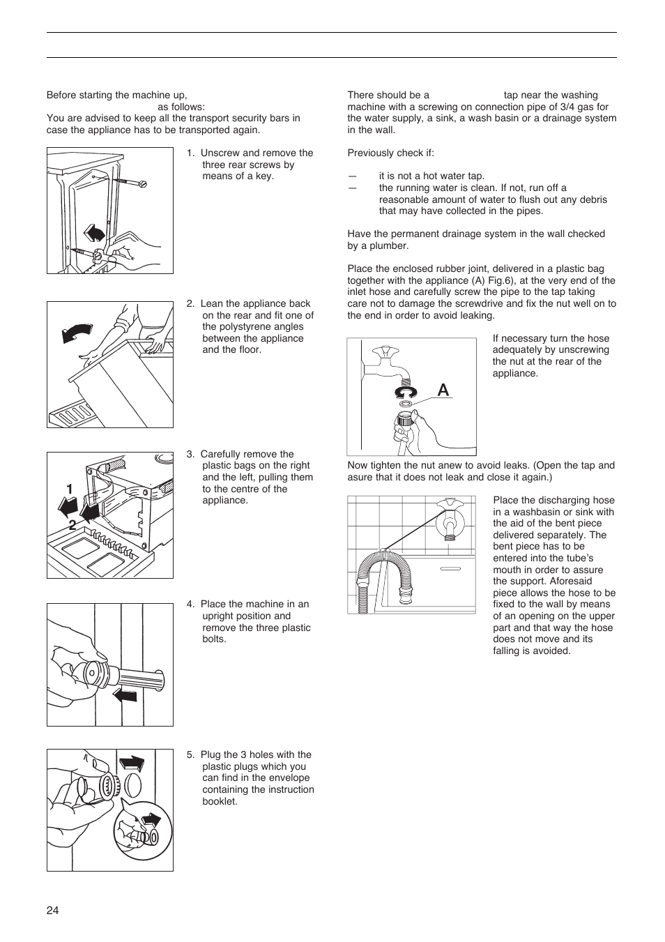 Unpacking and installation, Transit security bars, Hydraulic connection | Zanussi FLS 522 C User Manual | Page 4 / 12