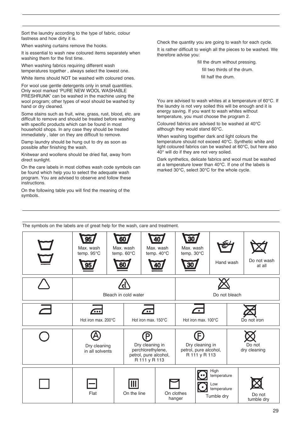 Washing hints, Table of symbols, Load the washing machine | Temperatures | Zanussi FLS 522 C User Manual | Page 9 / 12