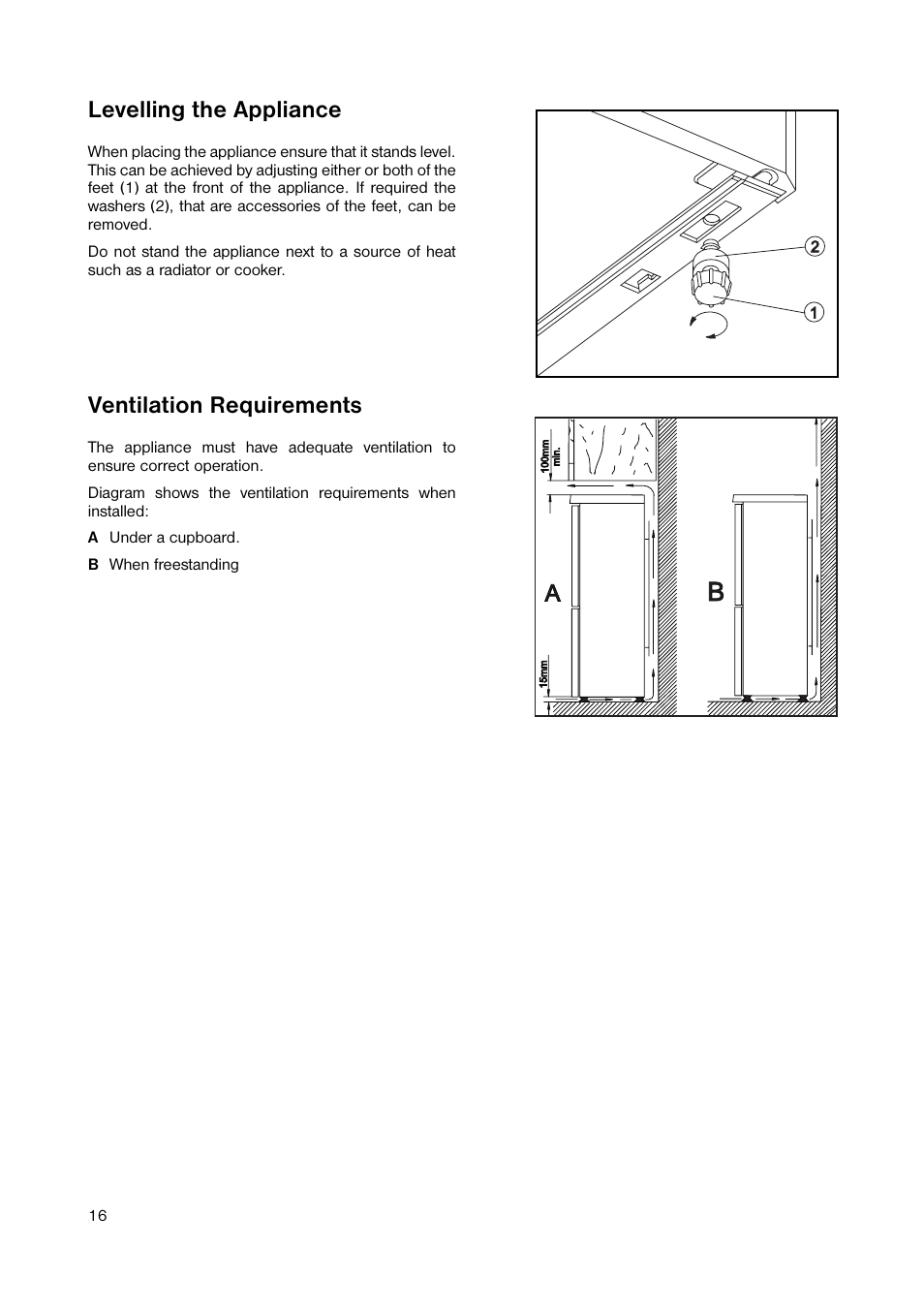 Levelling the appliance, Ventilation requirements | Zanussi ZRB 2641 User Manual | Page 16 / 20