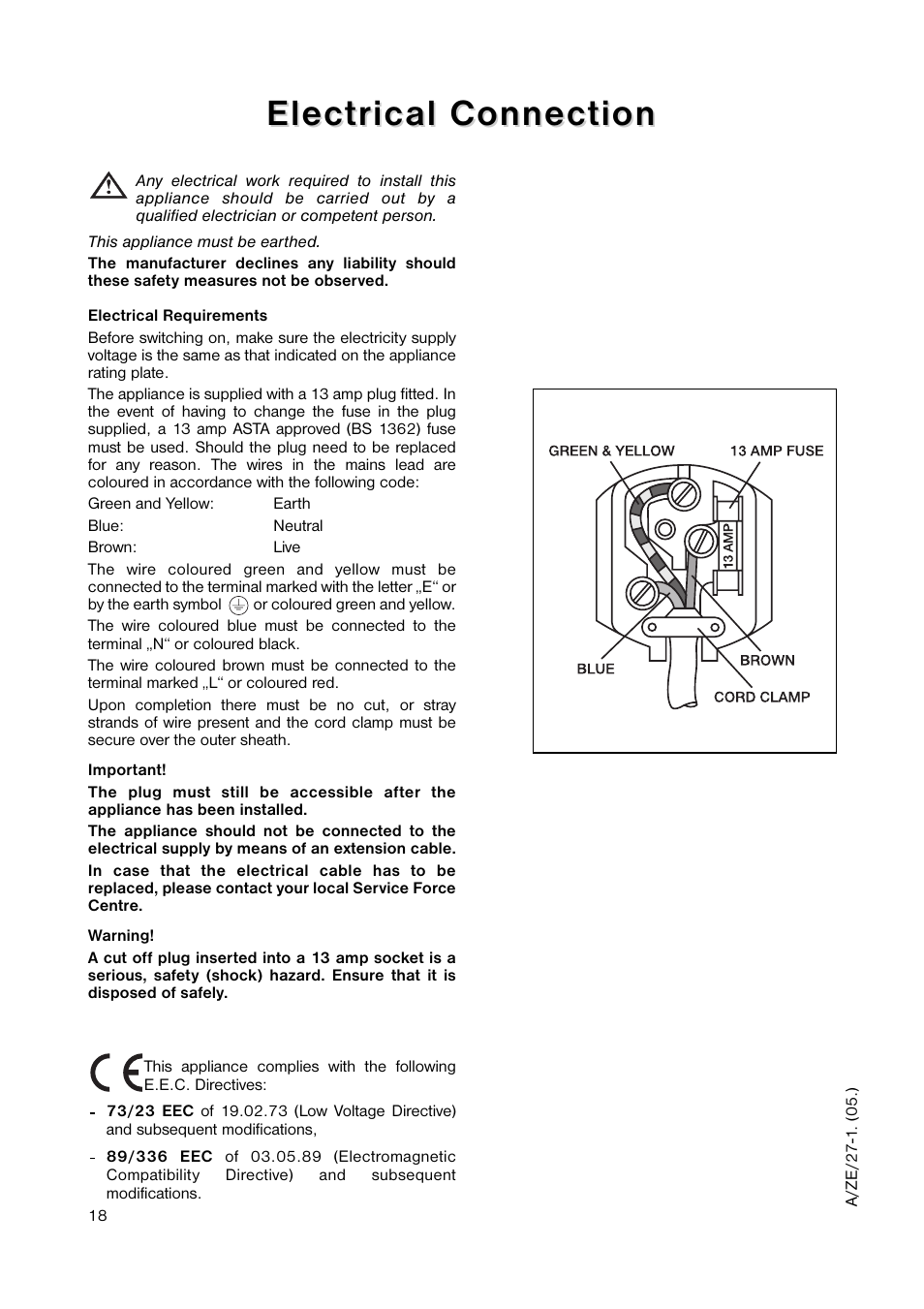Electrical connection | Zanussi ZRB 2641 User Manual | Page 18 / 20