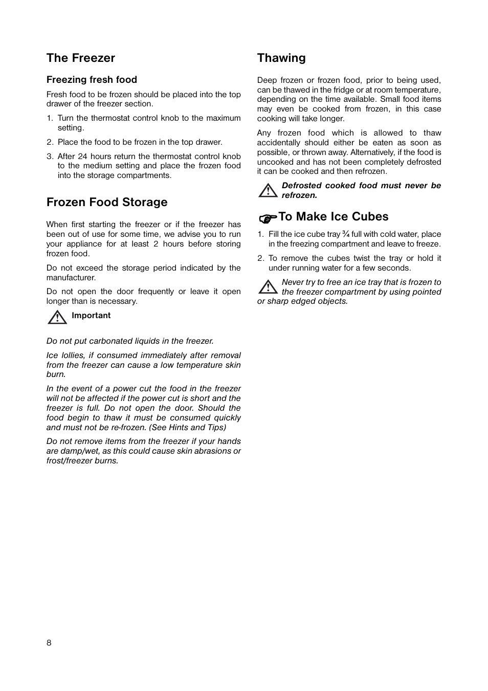 The freezer, Frozen food storage, Thawing | Zanussi ZRB 2641 User Manual | Page 8 / 20