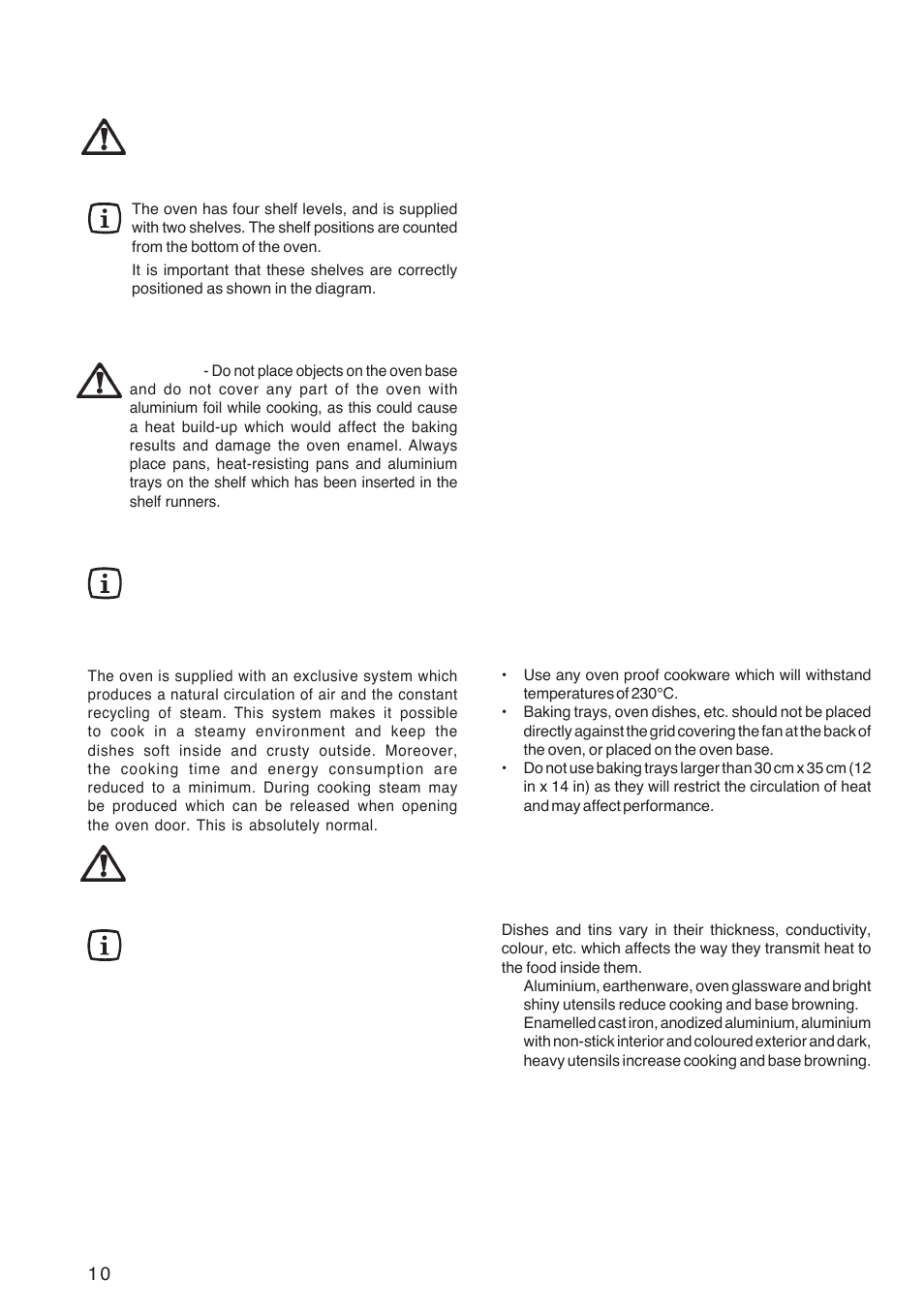 Hints and tips using the oven, Condensation and steam, Cookware | The effects of dishes on cooking results | Zanussi ZBF 569 User Manual | Page 10 / 28